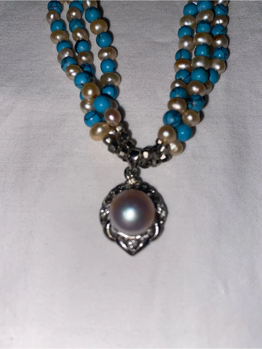 Turquoise Beaded Pearl-Accent Necklace with Silver-Tone Details - Picture 2 of 7